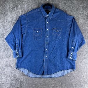 Wrangler Shirt Mens 19 34‎ Blue Denim Pearl Snap Long Tail Western Cowboy